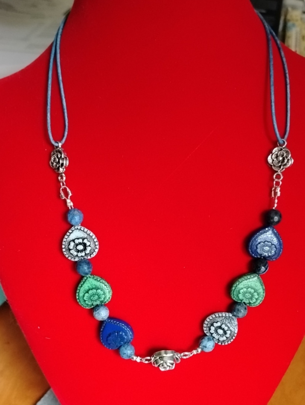 Handcrafted Blue and Green Floral Czech Glass bead Necklace With Leather